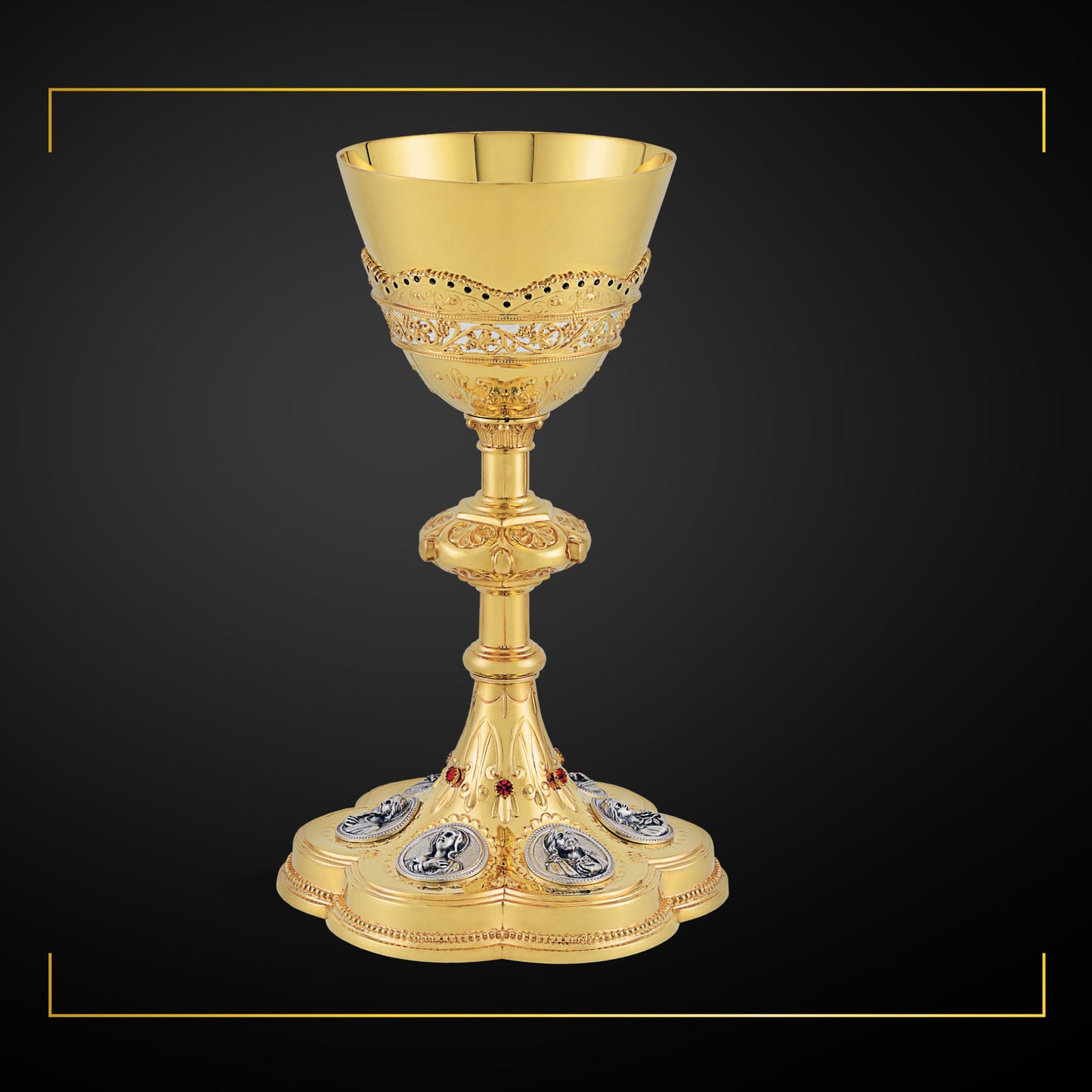 Chalice & Scale Paten in neogothic style with medallions of the Holy 
Family and saints,  9 1/4” Ht. sold by The Clergy Store