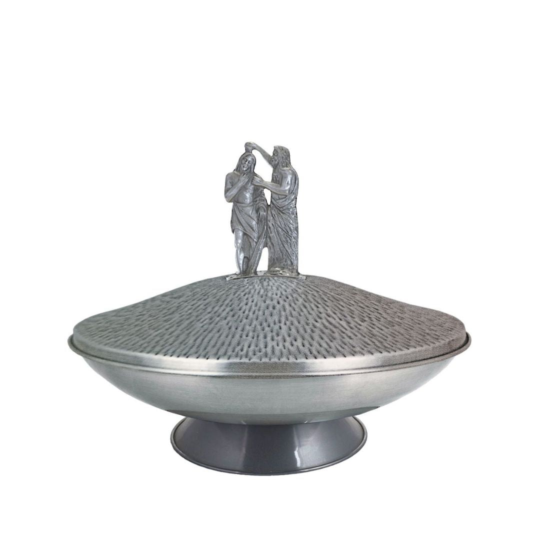 Baptismal font in silver finish made in Italy and sold by The Clergy Store