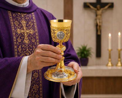 Priest in purple vestment holding a gold chalice in a church setting with a crucifix in the background.