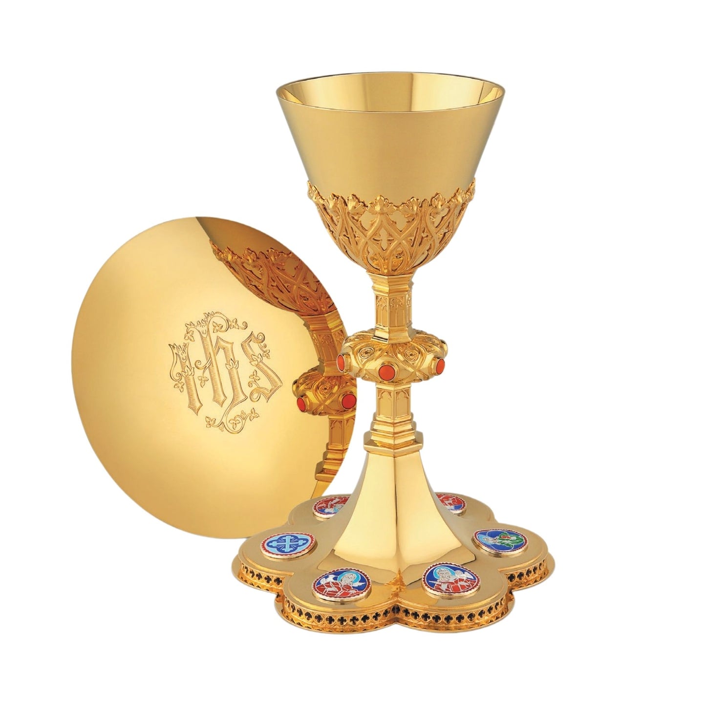 Chalice & Scale Paten in neo-gothic style with enameled medallions 
of Jesus, the Four Evangelists and a cross symbol,  8 5/8” Ht. Sold by The Clergy Store