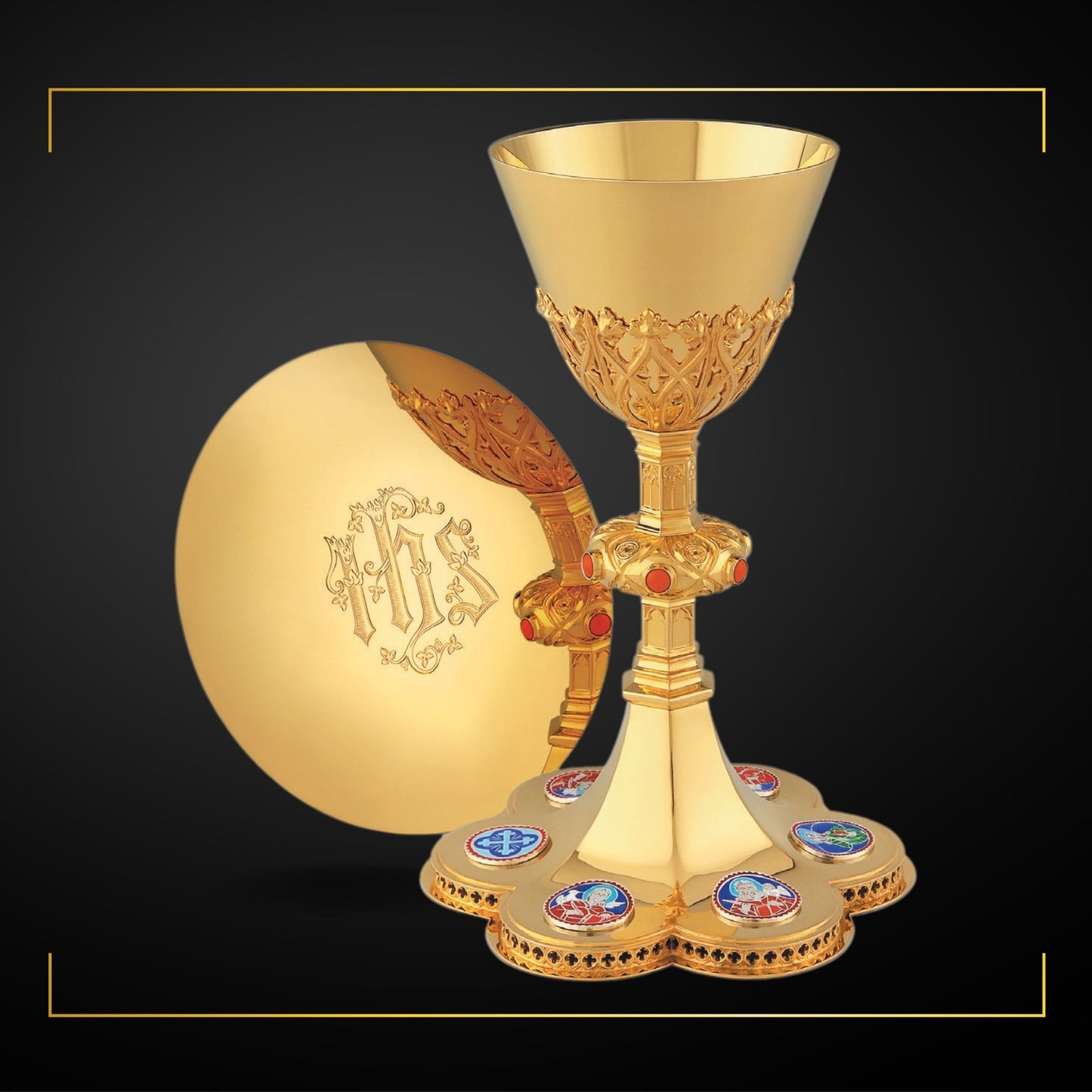 Chalice & Scale Paten in neo-gothic style with enameled medallions 
of Jesus, the Four Evangelists and a cross symbol,  8 5/8” Ht. Sold by The Clergy Store