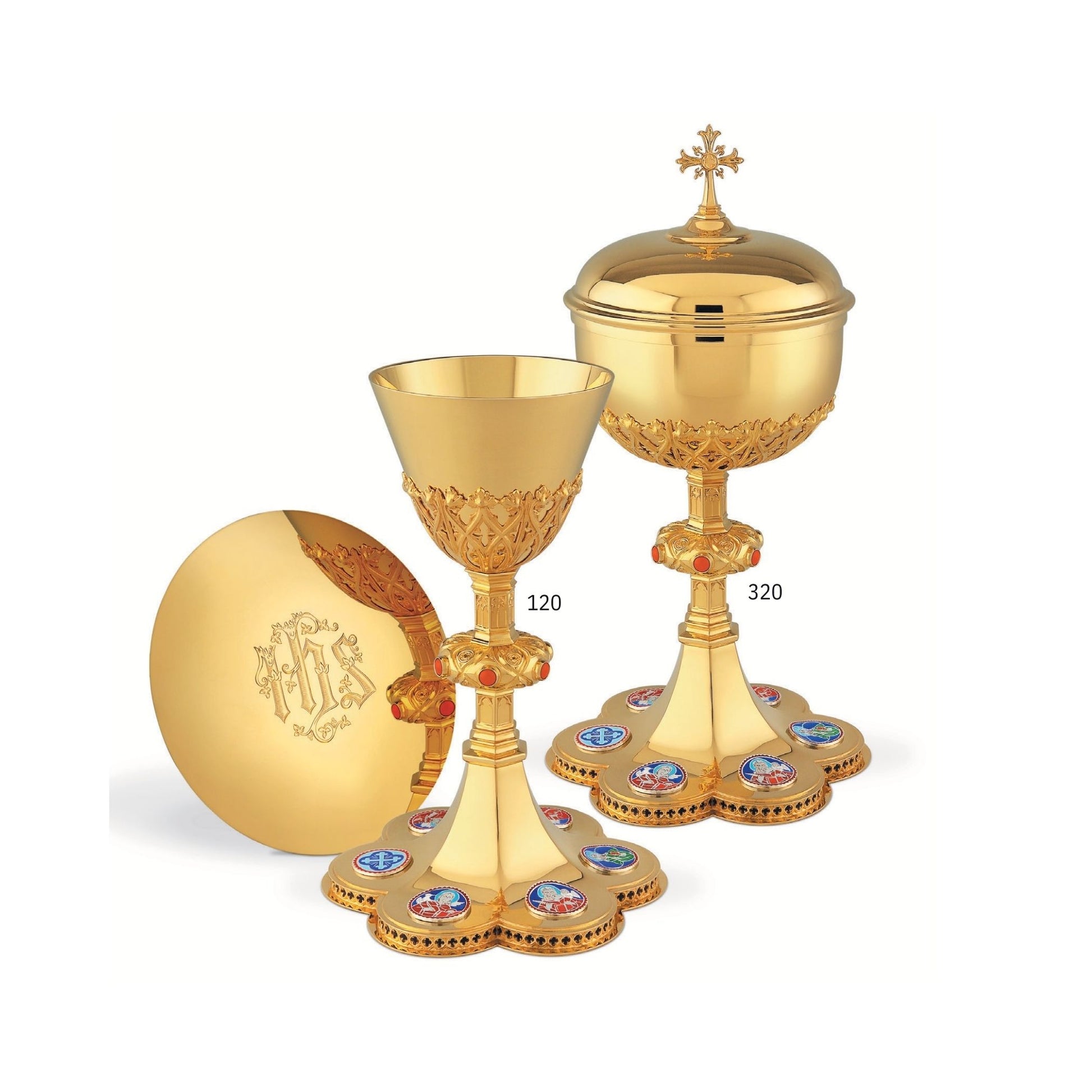 Chalice & Ciborium set Dish neo-gothic style with medallions of the Four Evangelists, the Mother of  God and the Crucifixion,. Sold by The Clergy Store