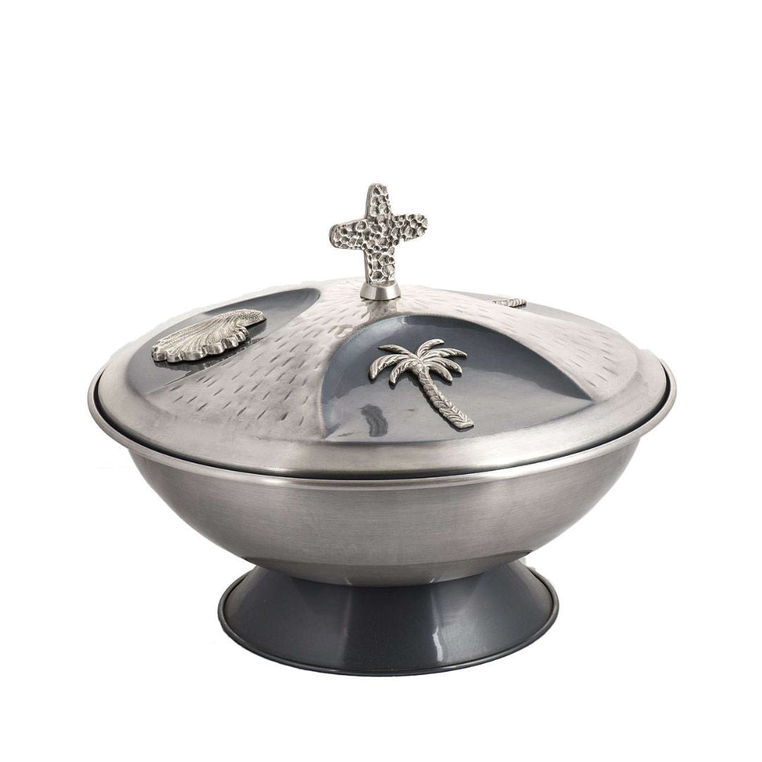 Baptismal font in silver finish with shells and palms made in Italy and sold by The Clergy Store