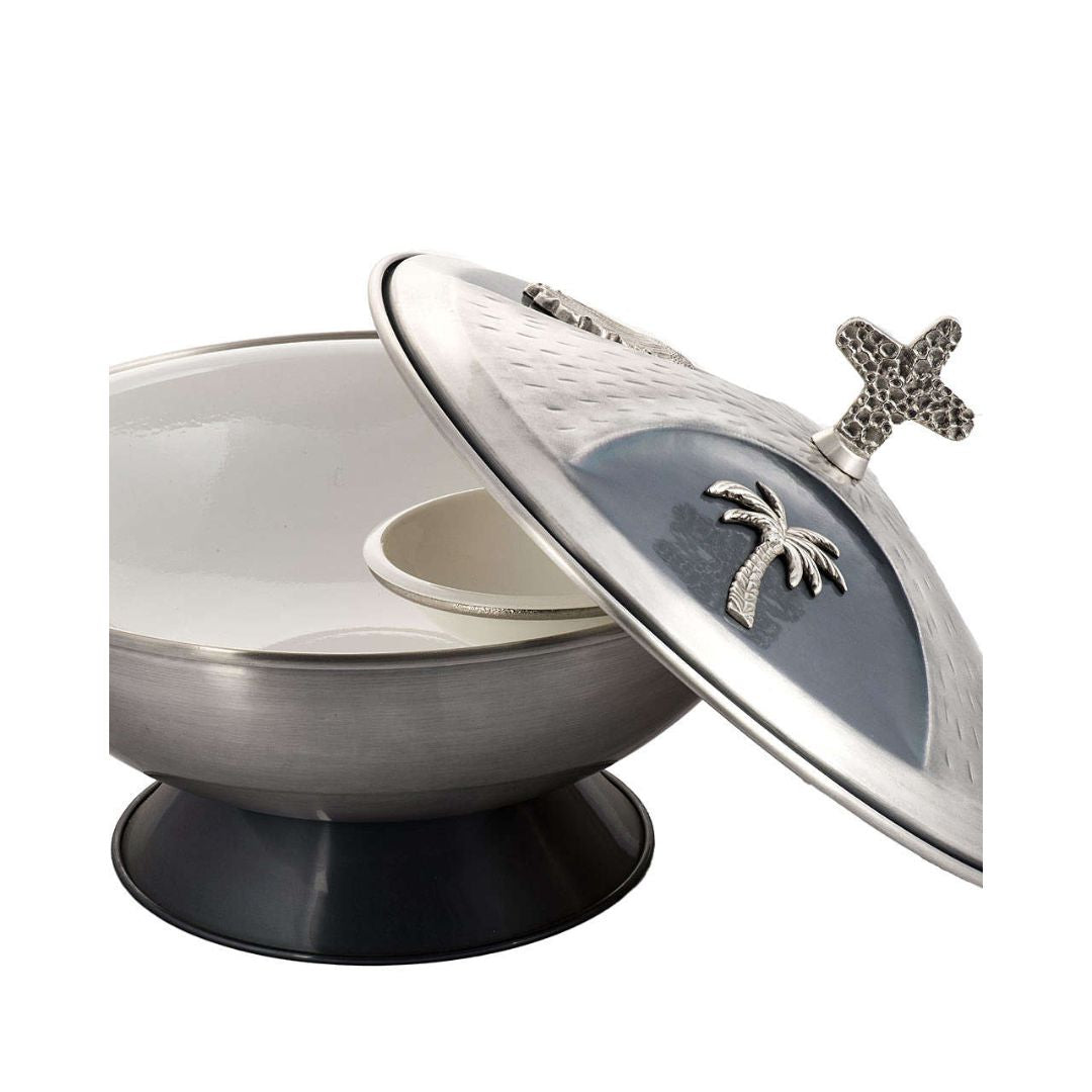 Baptismal font in silver finish with shells and palms made in Italy and sold by The Clergy Store