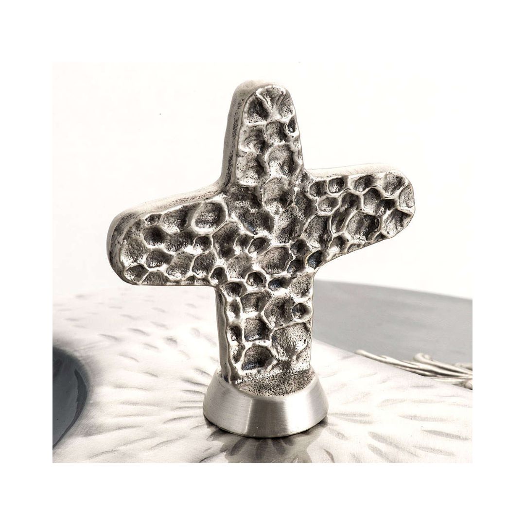 Baptismal font in silver finish with shells and palms made in Italy and sold by The Clergy Store