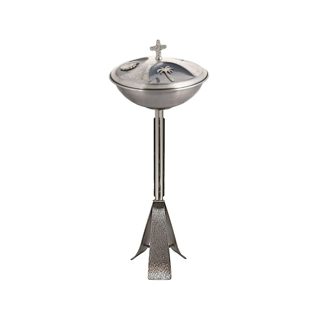 Altar baptismal font with stand in silver finish. Made in Italy and sold by The Clergy Store