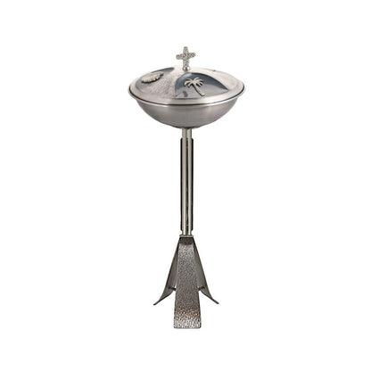 Altar baptismal font with stand in silver finish. Made in Italy and sold by The Clergy Store