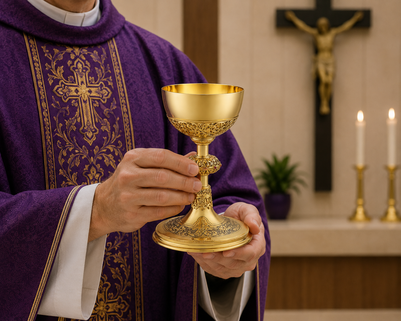Priest in purple vestment holding a gold chalice with a crucifix and candles in the background