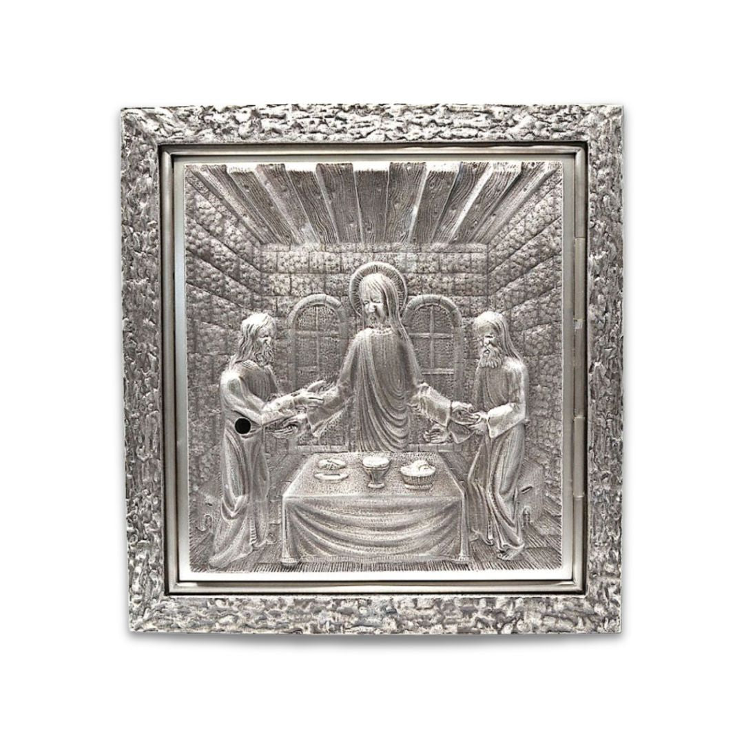 Bronze wall tabernacle Last Supper in silver finish . Made in Italy and sold by The Clergy Store