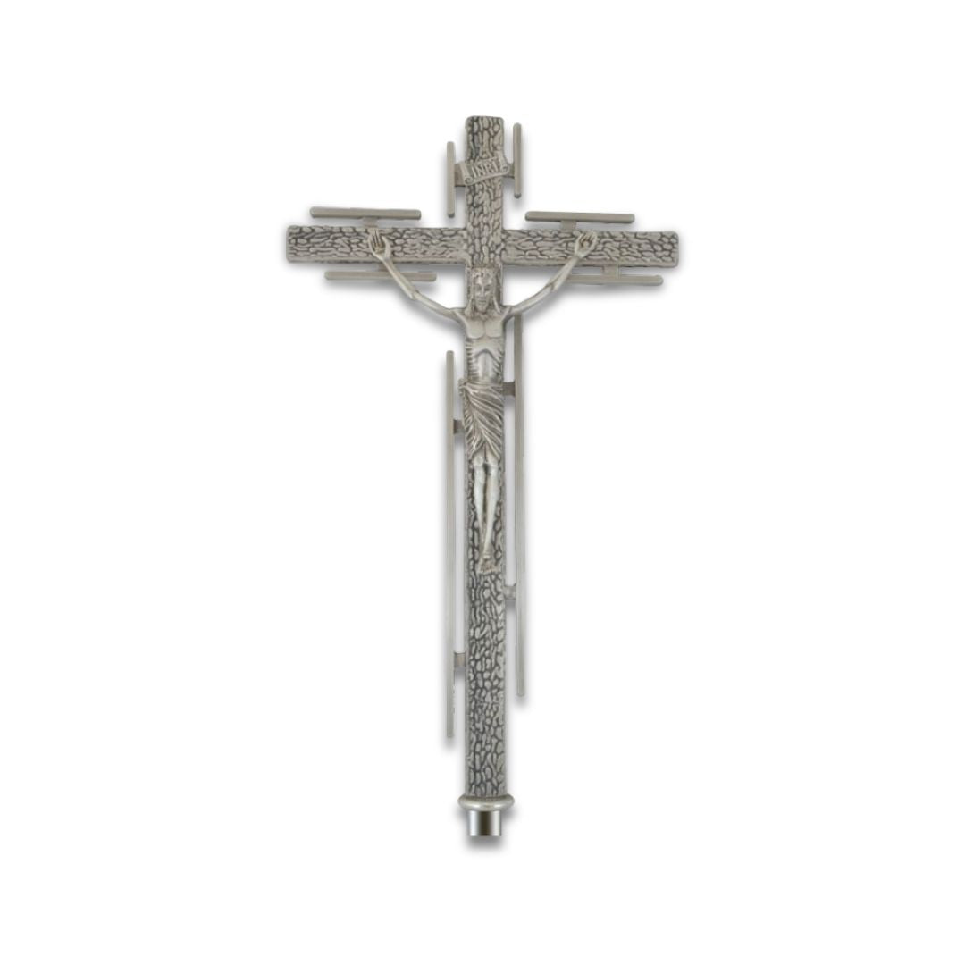 Processional cross stylized style finished in silver. Made in Italy and sold by The Clergy Store
