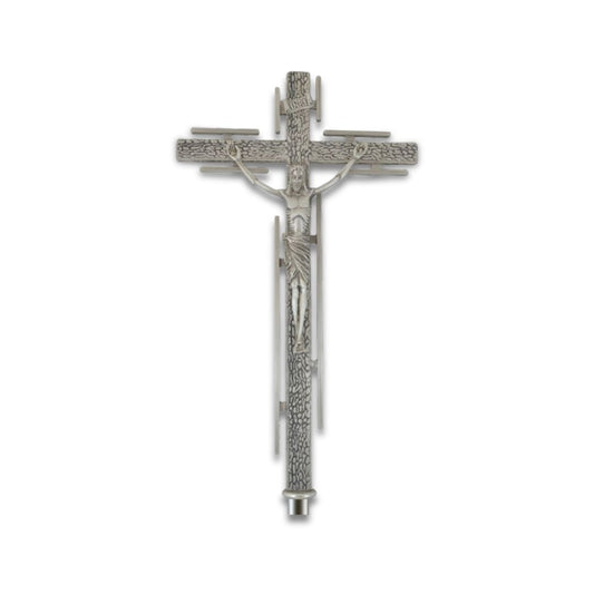 Processional cross stylized style finished in silver. Made in Italy and sold by The Clergy Store
