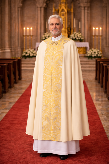 Priest in liturgical  cope vestments standing in a church nave with red carpet and altar.