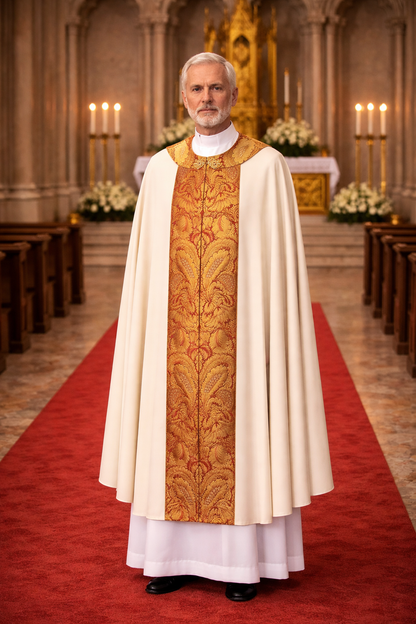 Priest in ornate brocade cope vestment standing in a church with altar and candles in the background