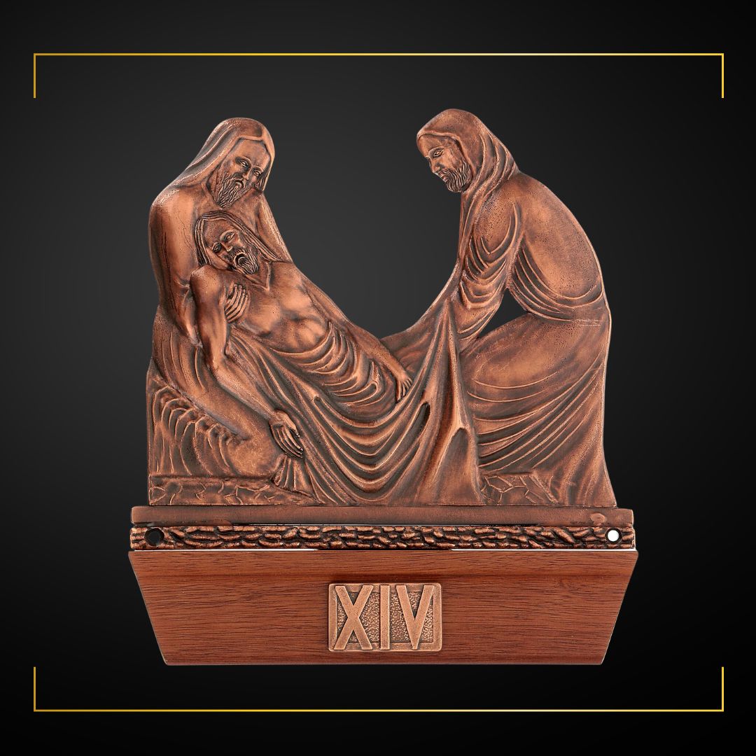 Stations of the Cross Copper Plated on Wood Base. Made in Italy and Sold by The Clergy Store