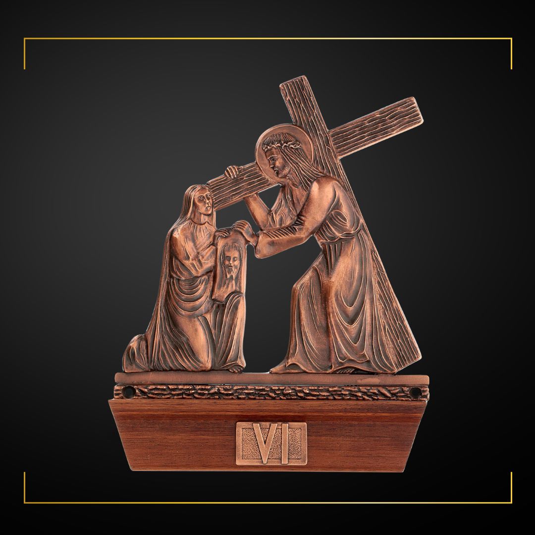 Stations of the Cross Copper Plated on Wood Base. Made in Italy and Sold by The Clergy Store