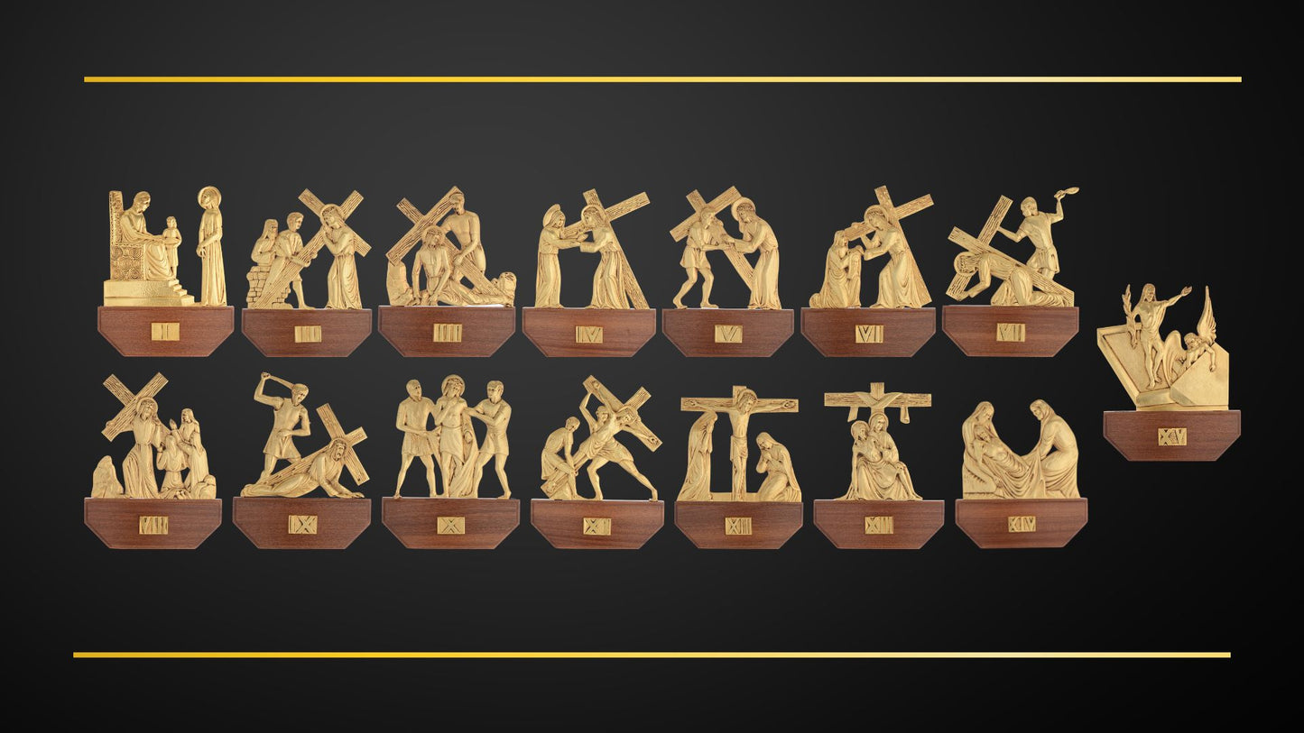 Stations of the Cross Gold Plated on Wood Base. Made in Italy and Sold by The Clergy Store