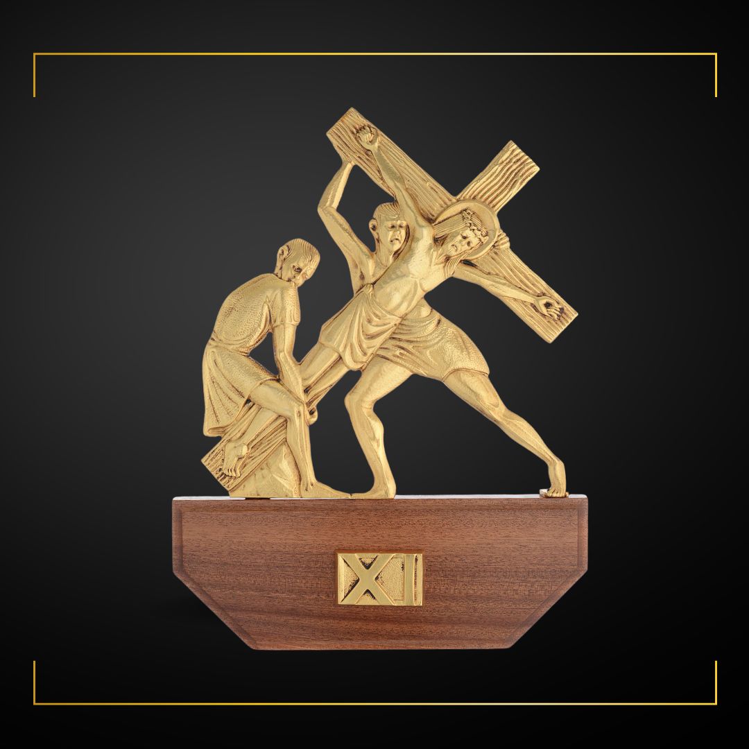 Stations of the Cross Gold Plated on Wood Base. Made in Italy and Sold by The Clergy Store