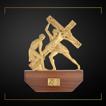 Stations of the Cross Gold Plated on Wood Base. Made in Italy and Sold by The Clergy Store