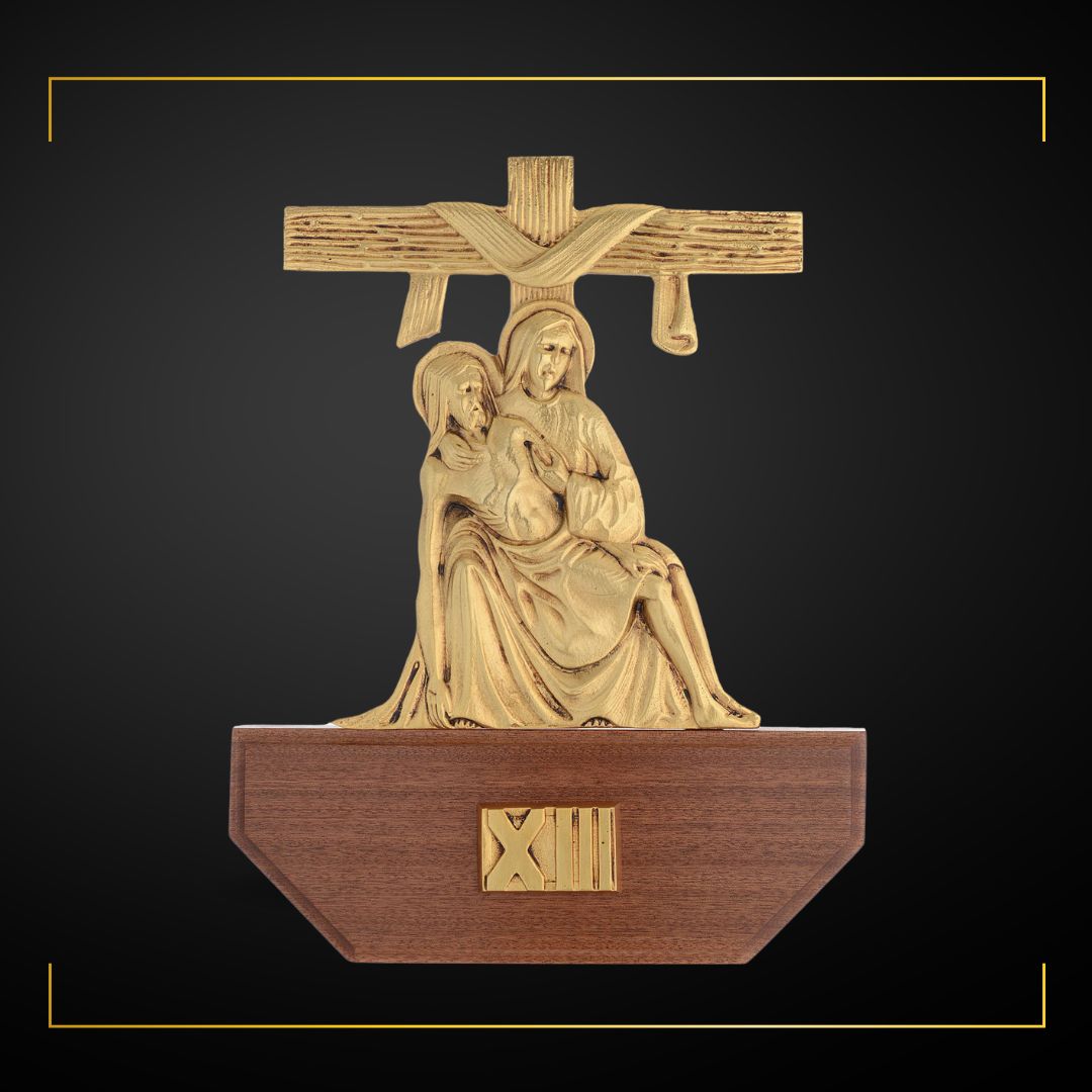 Stations of the Cross Gold Plated on Wood Base. Made in Italy and Sold by The Clergy Store