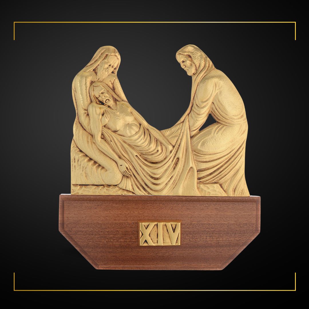 Stations of the Cross Gold Plated on Wood Base. Made in Italy and Sold by The Clergy Store