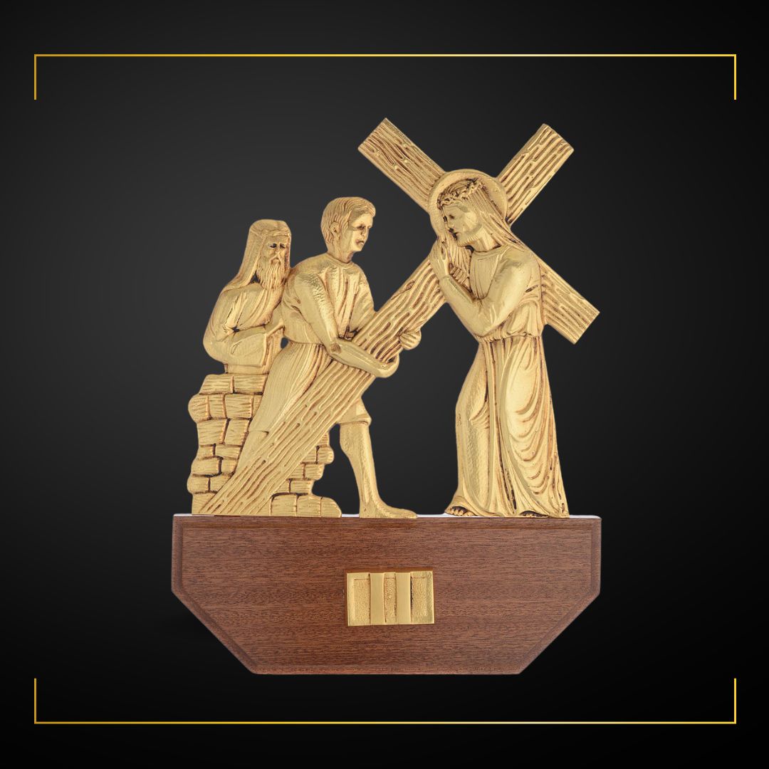 Stations of the Cross Gold Plated on Wood Base. Made in Italy and Sold by The Clergy Store