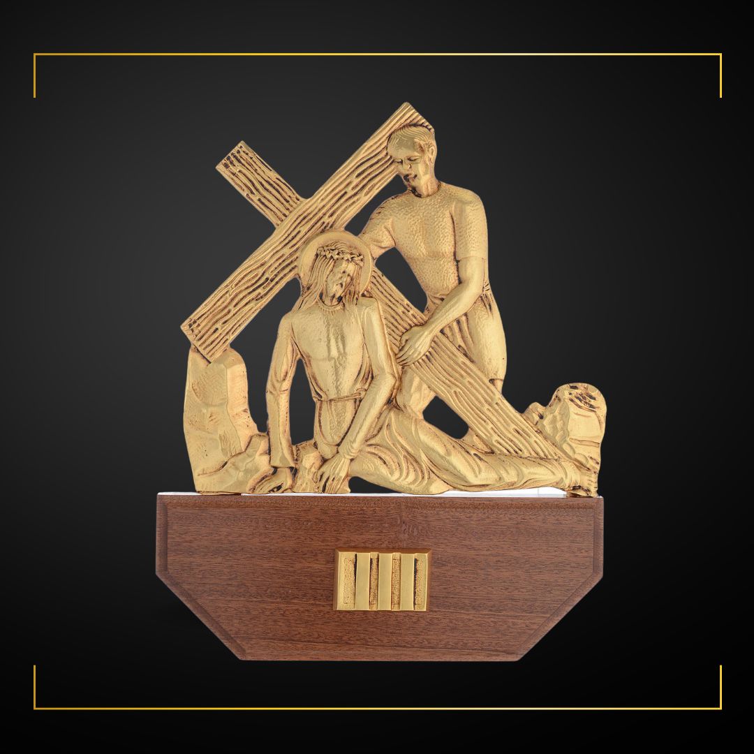 Stations of the Cross Gold Plated on Wood Base. Made in Italy and Sold by The Clergy Store