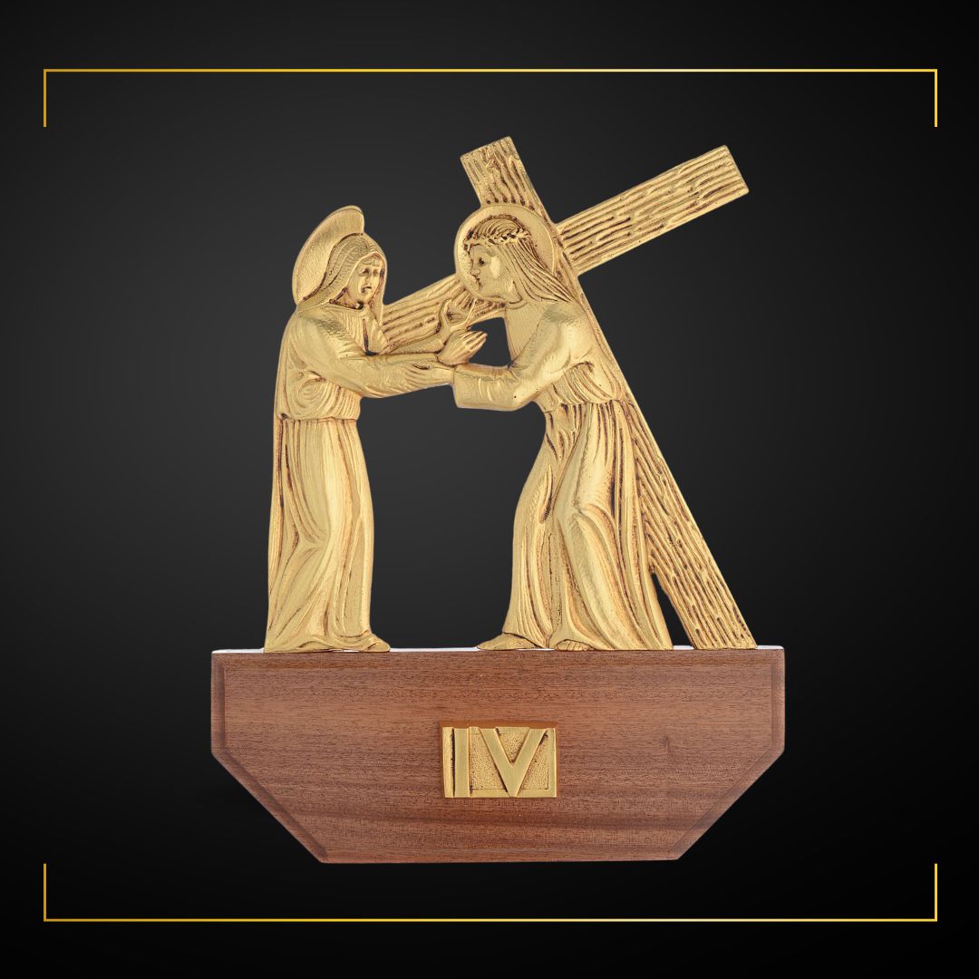 Stations of the Cross Gold Plated on Wood Base. Made in Italy and Sold by The Clergy Store