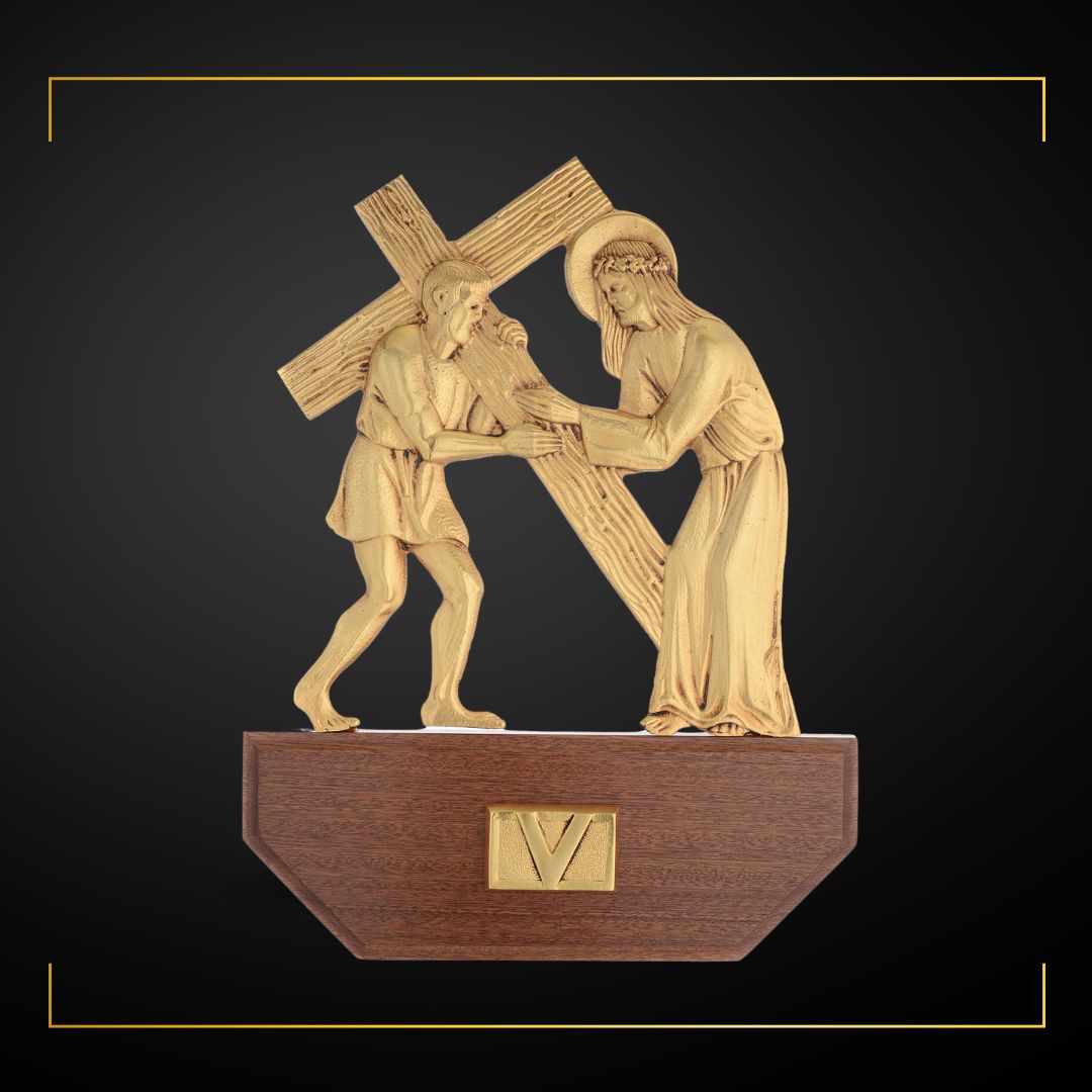 Stations of the Cross Gold Plated on Wood Base. Made in Italy and Sold by The Clergy Store