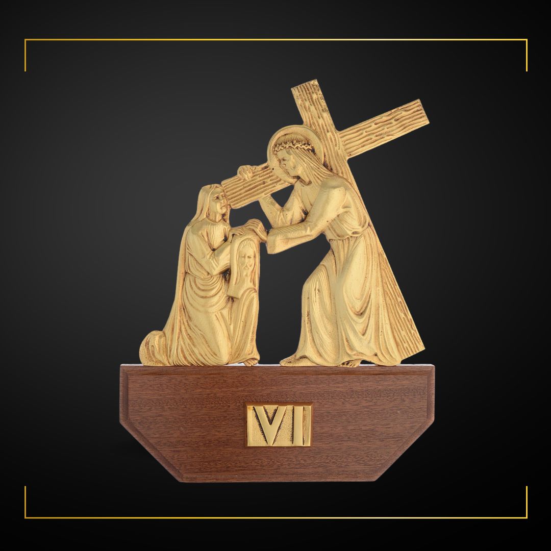 Stations of the Cross Gold Plated on Wood Base. Made in Italy and Sold by The Clergy Store