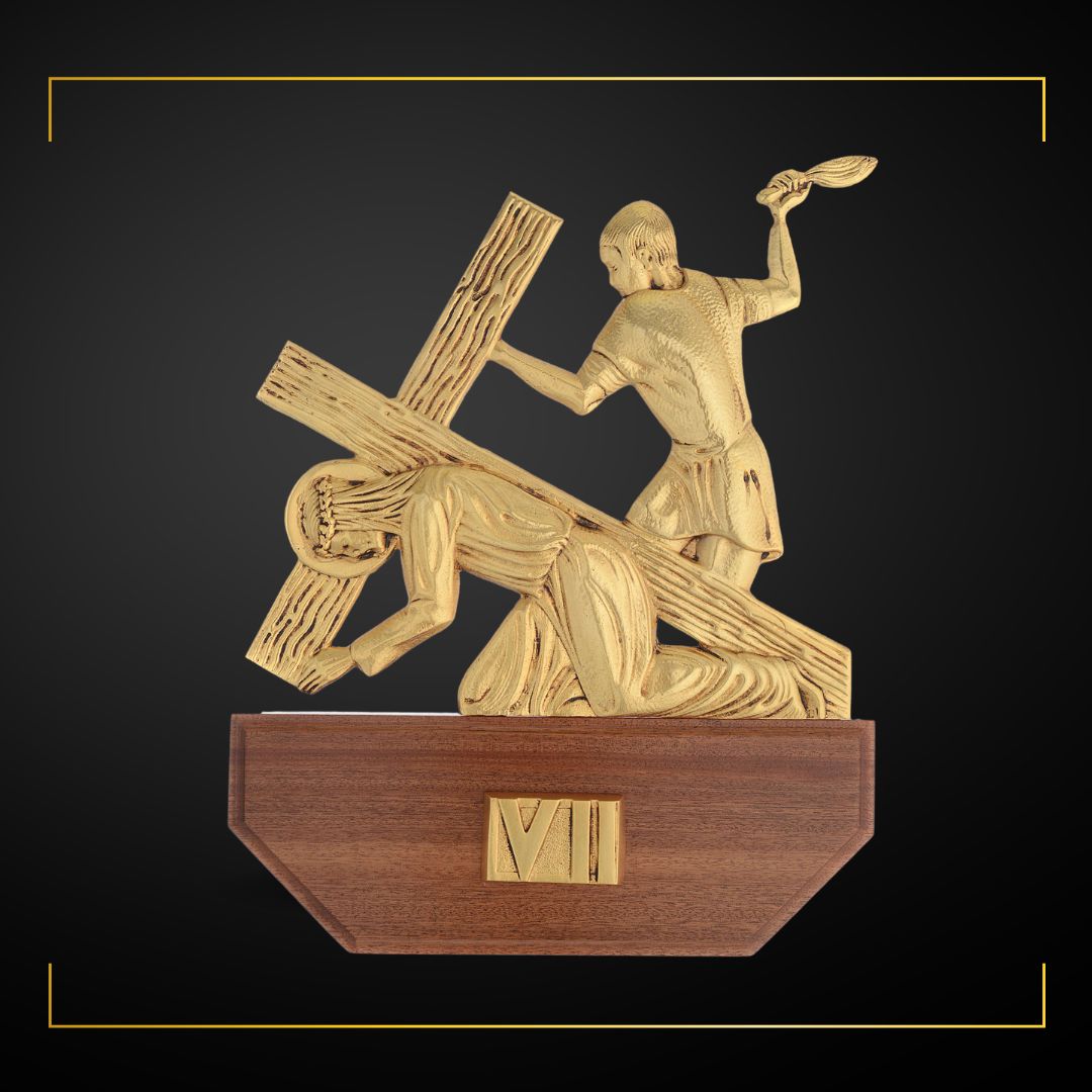 Stations of the Cross Gold Plated on Wood Base. Made in Italy and Sold by The Clergy Store