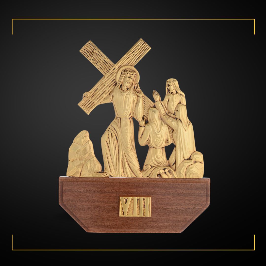 Stations of the Cross Gold Plated on Wood Base. Made in Italy and Sold by The Clergy Store