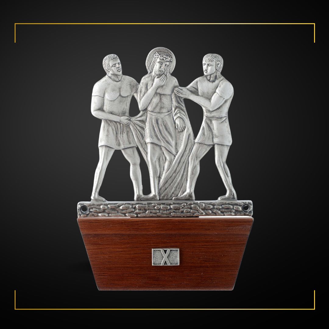 Stations of the Cross Silver Plated on Wood Base. Made in Italy and Sold by The Clergy Store