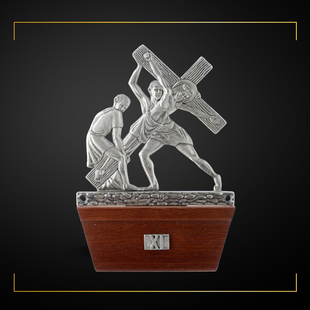 Stations of the Cross Silver Plated on Wood Base. Made in Italy and Sold by The Clergy Store