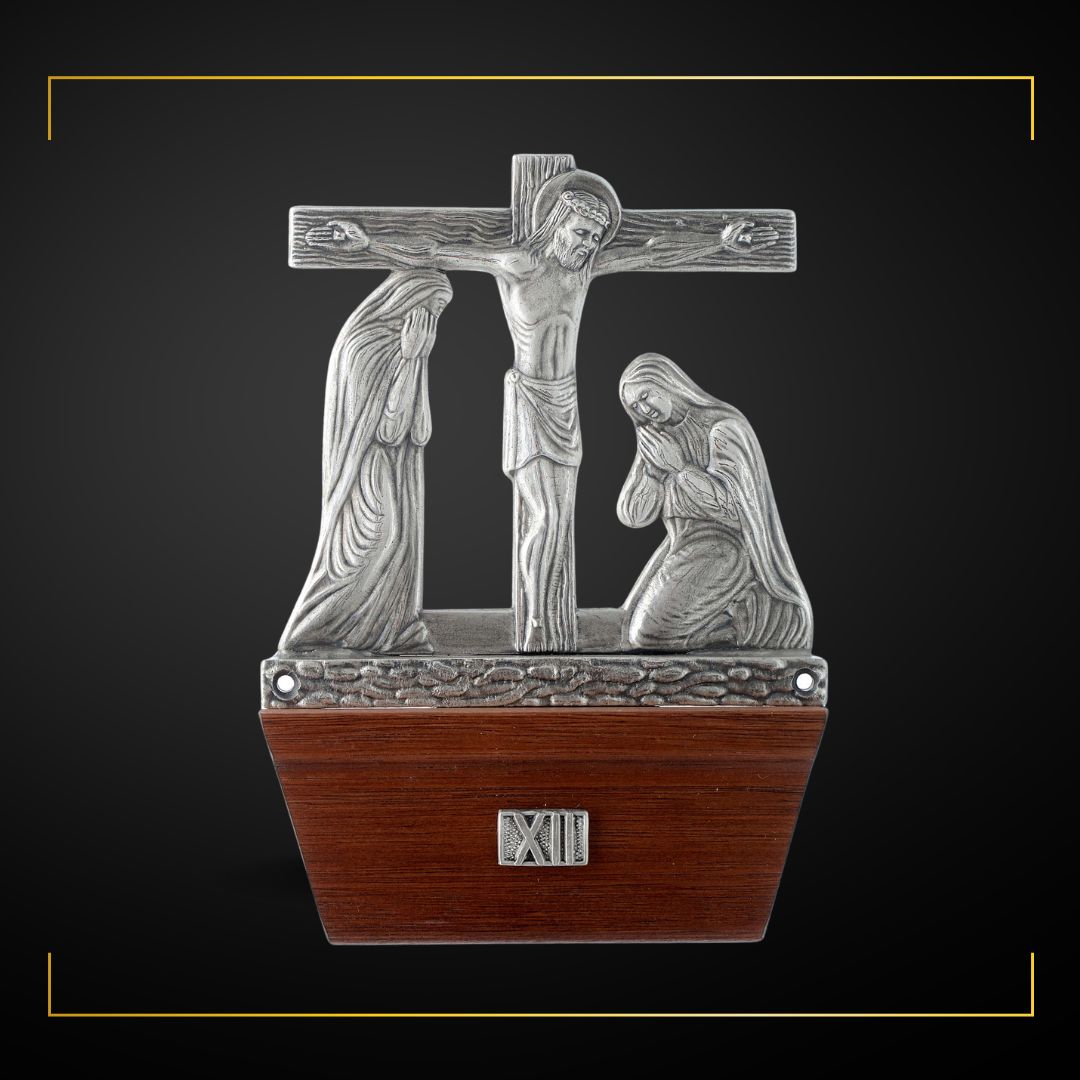 Stations of the Cross Silver Plated on Wood Base. Made in Italy and Sold by The Clergy Store