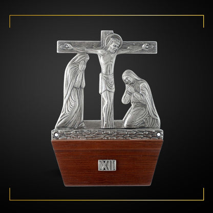 Stations of the Cross Silver Plated on Wood Base. Made in Italy and Sold by The Clergy Store