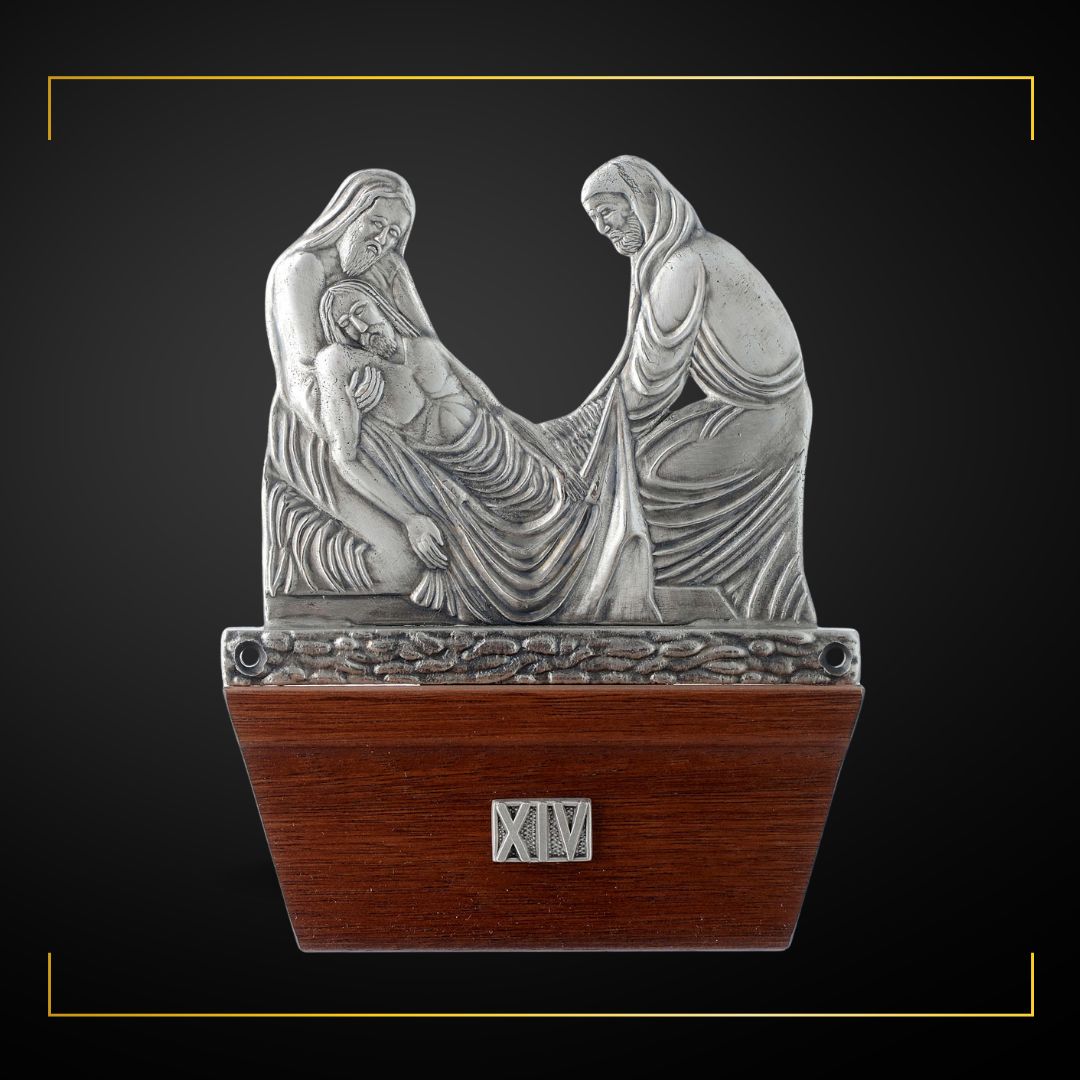 Stations of the Cross Silver Plated on Wood Base. Made in Italy and Sold by The Clergy Store