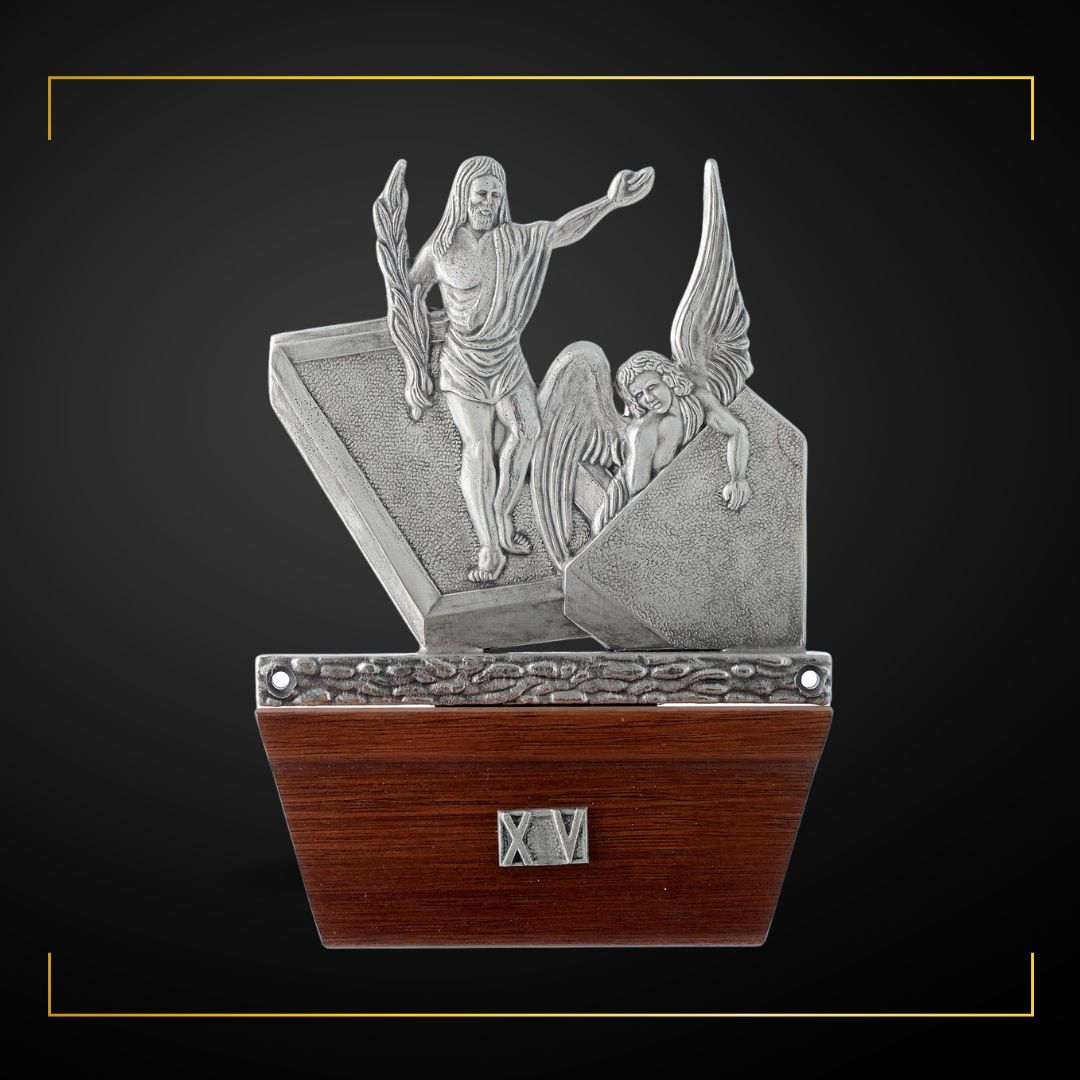 Stations of the Cross Silver Plated on Wood Base. Made in Italy and Sold by The Clergy Store