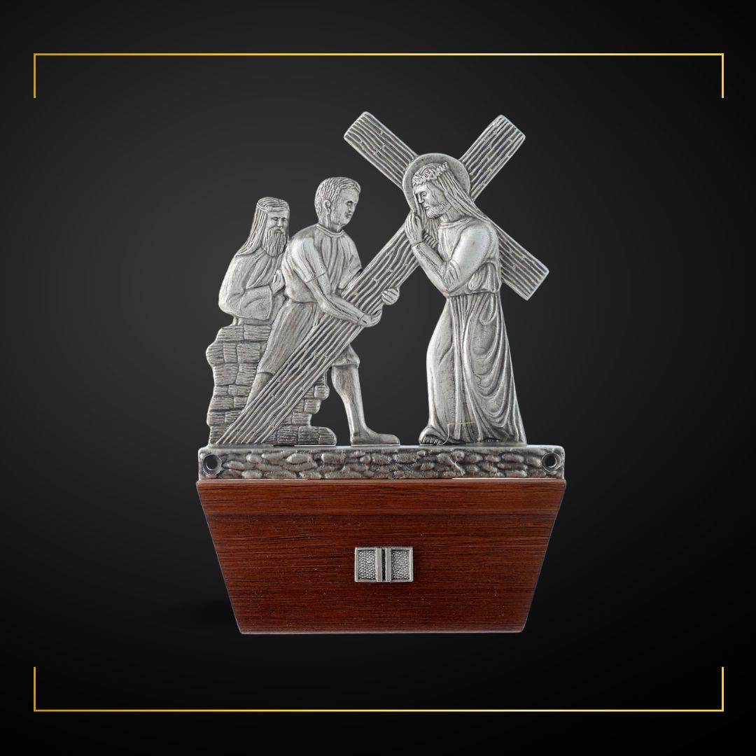 Stations of the Cross Silver Plated on Wood Base. Made in Italy and Sold by The Clergy Store