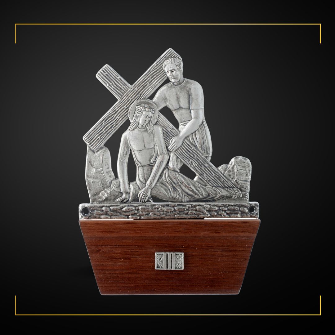 Stations of the Cross Silver Plated on Wood Base. Made in Italy and Sold by The Clergy Store