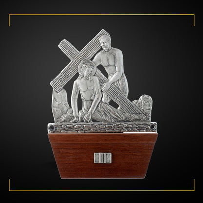 Stations of the Cross Silver Plated on Wood Base. Made in Italy and Sold by The Clergy Store