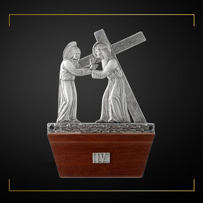 Stations of the Cross Silver Plated on Wood Base. Made in Italy and Sold by The Clergy Store