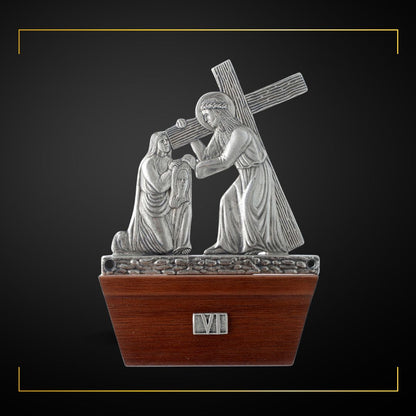 Stations of the Cross Silver Plated on Wood Base. Made in Italy and Sold by The Clergy Store