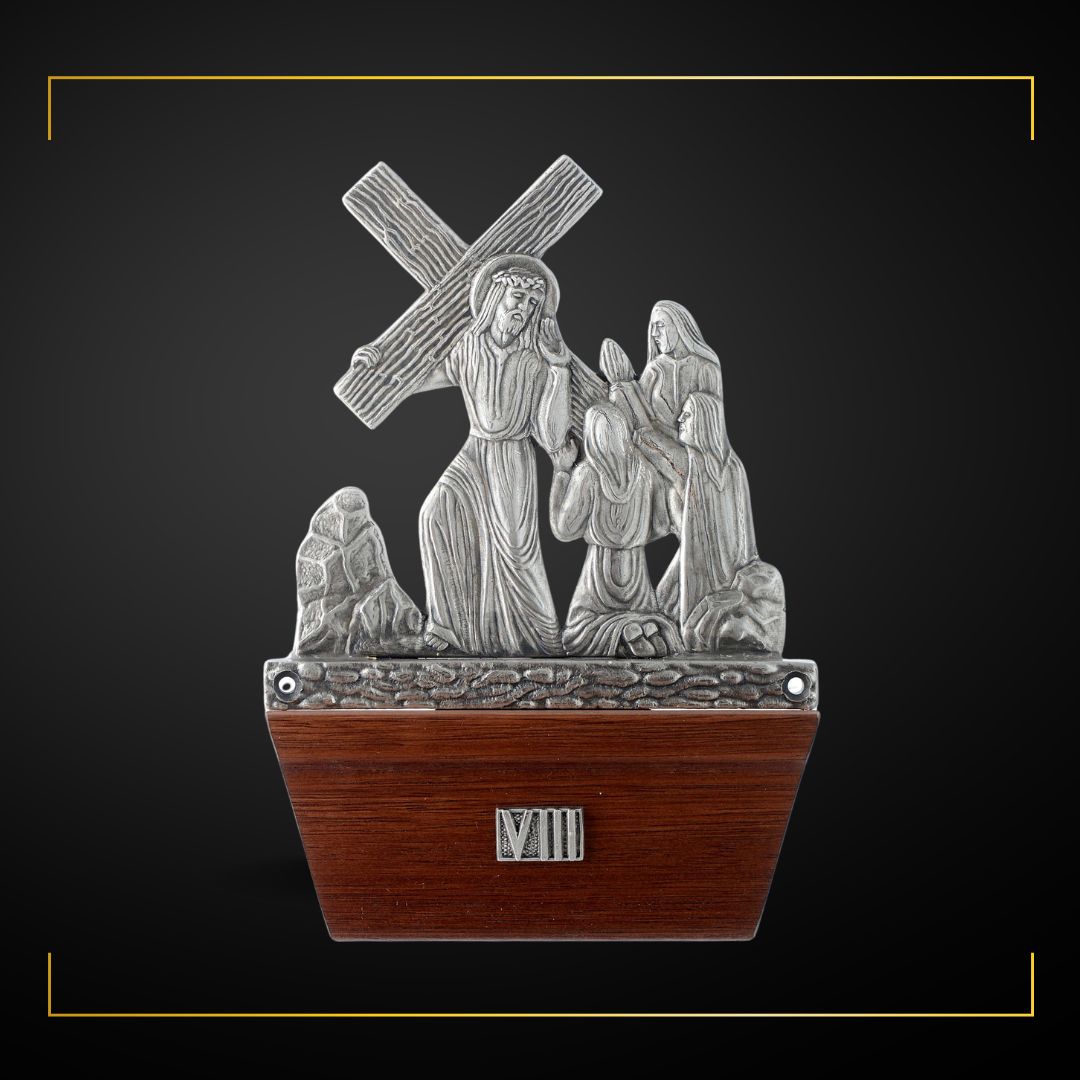 Stations of the Cross Silver Plated on Wood Base. Made in Italy and Sold by The Clergy Store