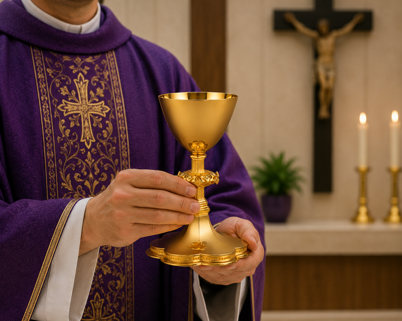 Priest in purple vestment holding a gold chalice in a church setting with a crucifix in the background.