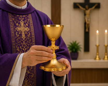 Priest in purple vestment holding a gold chalice in a church setting with a crucifix in the background.