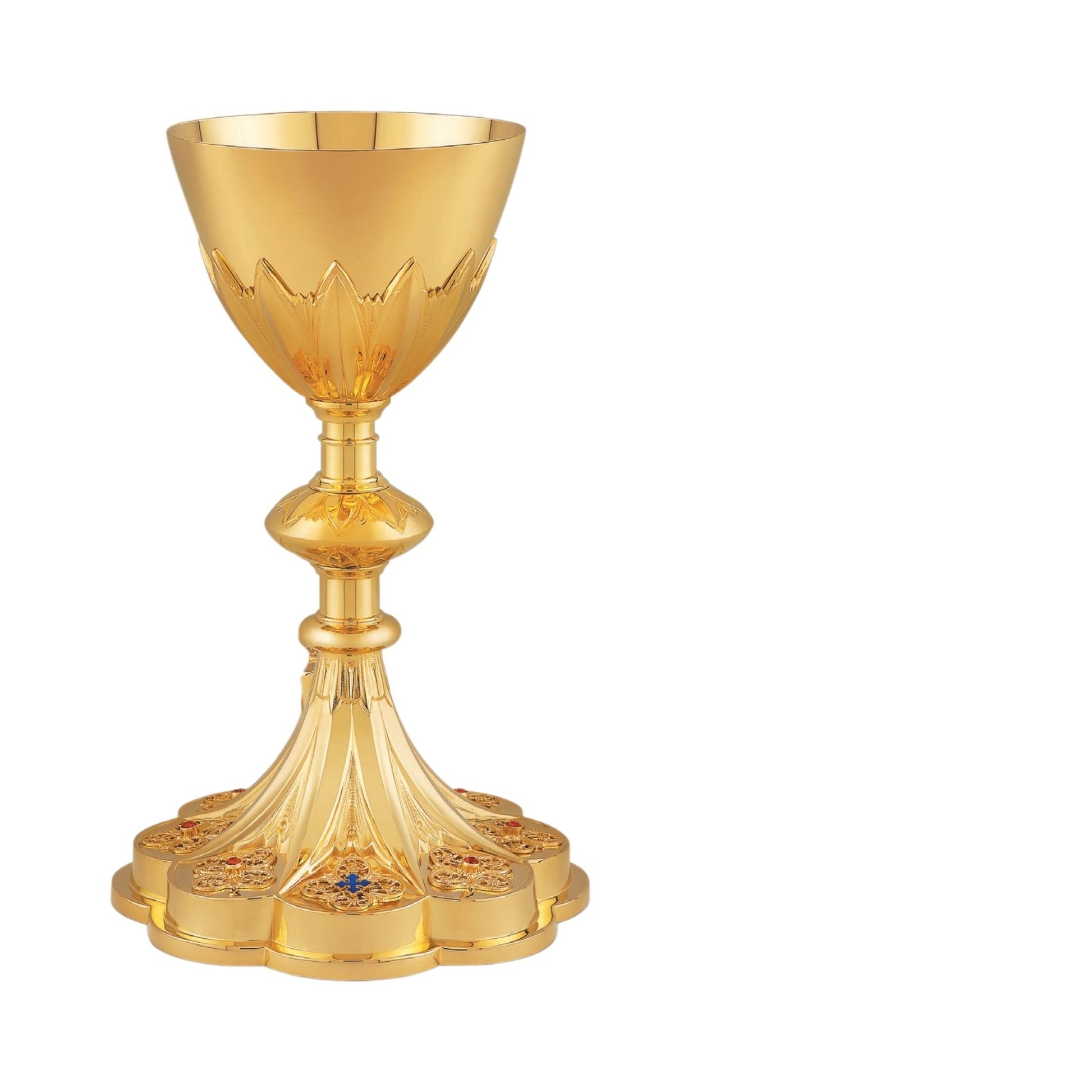 Chalice & Scale Paten in neo-gothic style inspired by French chalices 
from the late 19th and the early 20th centuries,  9 1/4” Ht. Sold by The Clergy Store