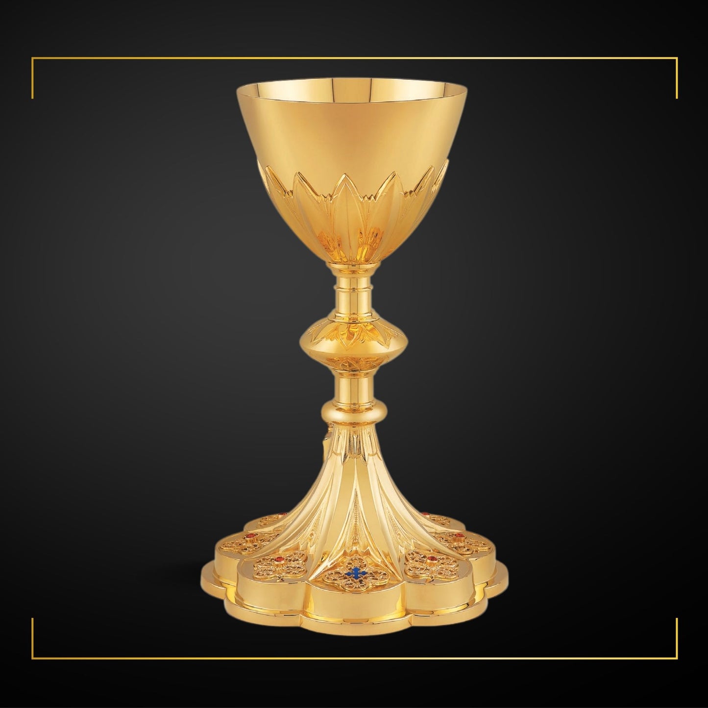 Chalice & Scale Paten in neo-gothic style inspired by French chalices 
from the late 19th and the early 20th centuries,  9 1/4” Ht. Sold by The Clergy Store