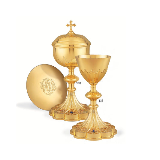 Chalice & Ciborium set in neo-gothic style inspired by French chalices from the late 19th and the early 20th centuries. Sold by The Clergy Store