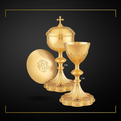 Chalice & Ciborium set in neo-gothic style inspired by French chalices from the late 19th and the early 20th centuries. Sold by The Clergy Store