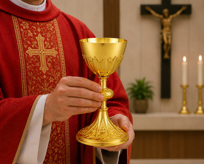 Person in red religious robe holding a gold chalice with a crucifix in the background